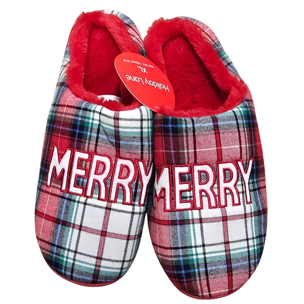 Holiday Lane Merry Plaid Slippers Red Faux Fur Trim XL Men 10-11 Women 12-13 NWT